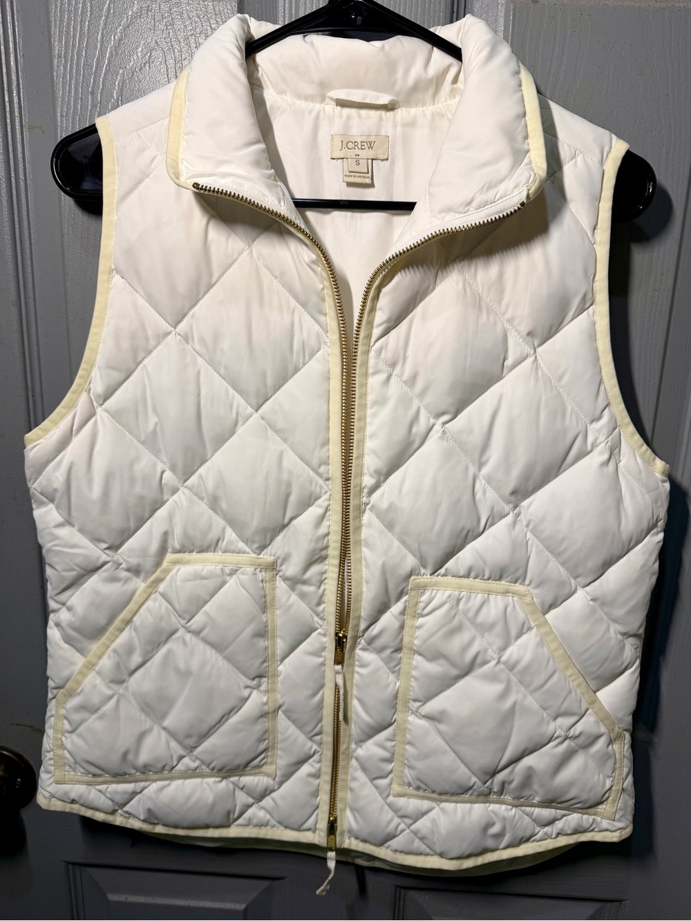 J. Crew Cream Quilted Puffer Vest with Pale Yellow Trim